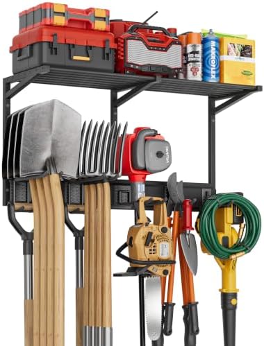 Garage Wall Organizer with Storage Shelves, 32" Garden Tool Organizer with Shelving Units and Hooks Hangers, Heavy Duty Metal Shelf with Shovel Rake Holder, Garage Organization Rack for Yard Shed Lawn