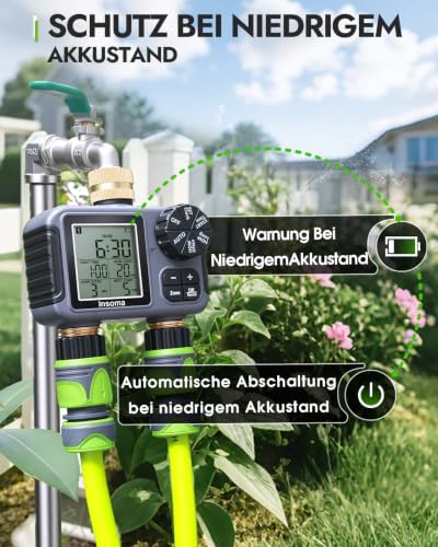 Insoma 2-Zone Sprinkler Timer Brass Inlet/Outlet, Water Hose Timer with Auto/Manual Modes + Rain Delay | Big LCD Dispay | Hose Timers for Garden, Yard Lawn, IPX5 Waterproof & Save Water