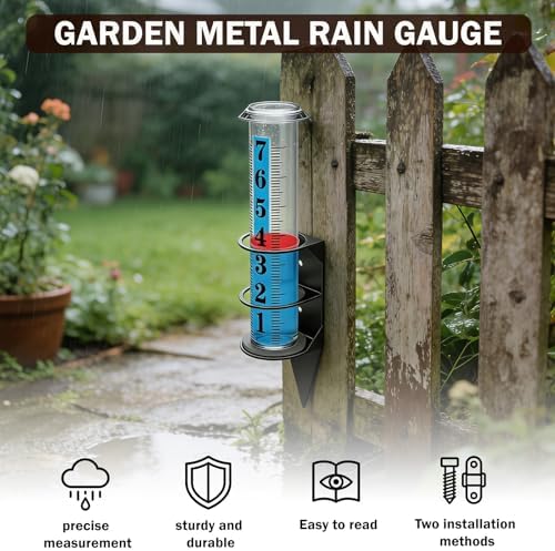YZDTECH Rain Gauge Outdoor, 7" Easy to Read Rain Measure Gauge with Red Float, Rain Gauges Outdoors Best Rated with Metal Rack Holder, Large Freeze Proof Plastic Replacement Tube for Yard Garden
