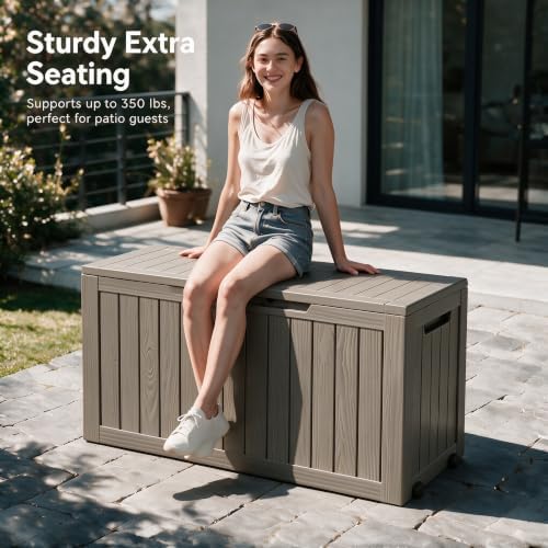 92 Gal Deck Box,Waterproof Resin Outdoor Storage Gas Lift,Lockable Grey