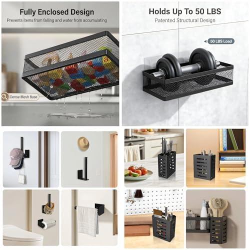 PUSDON 5-in-1 Wide Wall Mount Wrapped Mesh Kitchen Organizer & Shower Caddy Kit, with Paper Towel Holder, Utensil Holder, Soap Dish, Heavy Duty 50LBS - Matte Black, Netting