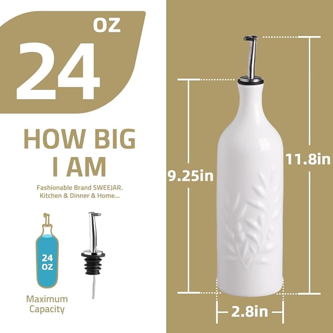 Sweejar Large Ceramic Olive Oil Dispenser Bottle, 24 Oz, Relief, Set of 1 (White)