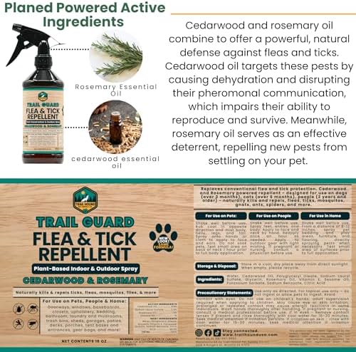 Trail Guard Natural Extra Strength Insect, Flea and Tick Spray for Dogs, Cats, People & Home (16oz, Cedarwood & Rosemary)