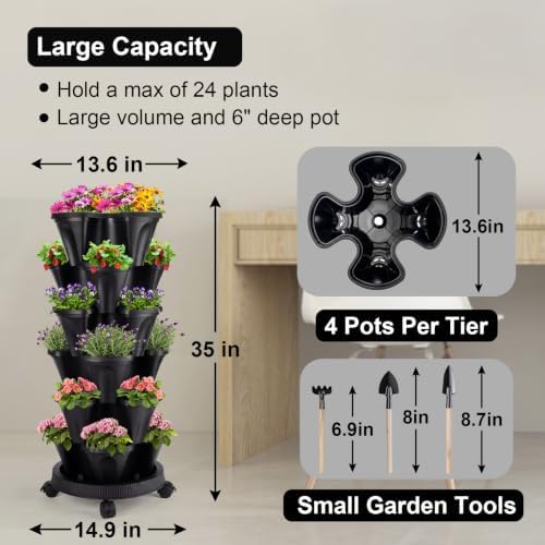 GameXcel Vertical Planter Tower - 6 Tier Stackable Garden Planters with Wheels and Garden Tool Set Plant Pots for Strawberry Herb Flower and Vegetable Indoor Outdoor Use Black