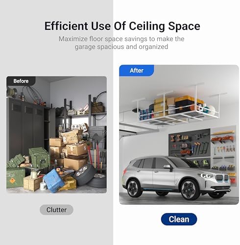 FLEXIMOUNTS 4x8ft Overhead Garage Storage Rack with Safety Rails, White