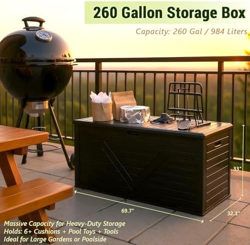 Outdoor Storage Box,260 Gallon Deck Box Outdoor Storage Bench Outside Waterproof Resin Storage Bench, Lockable Patio Cushions, Garden Tools Storage For Furniture, UV Resistant (Black)