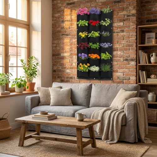 WFIST Vertical Hanging Planter Bag, Breathable Felt Wall Garden Planter with Metal Grommets, Indoor/Outdoor Space-Saving Herb & Flower Growing Pouch (18-Pocket)