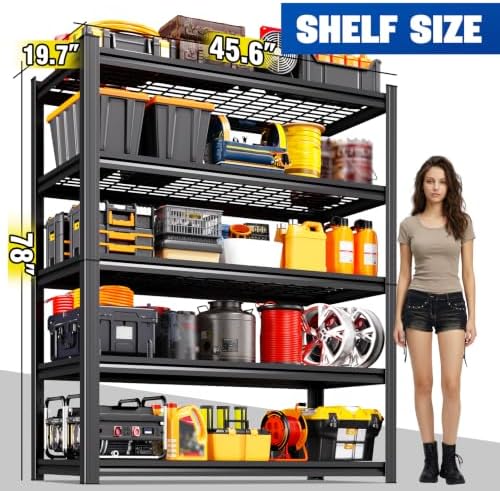 45.6"W Garage Shelving 5T Heavy Duty Storage Shelves, Adjustable Metal Shelving Unit, Utility Garage Organizer Shelf for Basement, Pantry, Kitchen, Warehouse, Supermarket, 45.6"Wx19.7"Dx78"H