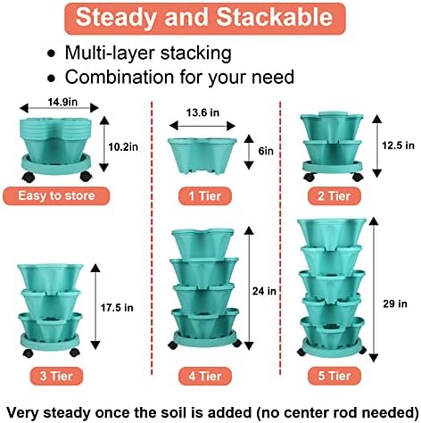 GameXcel Vertical Planter Tower - 5 Tier Stackable Garden Planters with Wheels and Tools Plant Pots for Strawberry Herb Flower and Vegetable Indoor Outdoor Use Teal 2 Pack