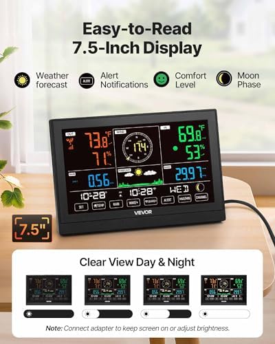 VEVOR 5-in-1 Wi-Fi Weather Station, 7.5-Inch VA Display, Wireless Solar Powered Outdoor Sensor, Rain Gauge, Indoor Outdoor for Weather Forecast, Wind Speed Direction, Temperature, Humidity, Rainfall