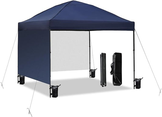 10x10 Pop Up Canopy Tent with 2 Sidewalls, Easy Up Canopy Upgraded Outdoor Party Sun Shade Tent Portable Gazebo for Beach Camping Events with Carry Bag and 4 Sand Bags (Navy Blue-New)