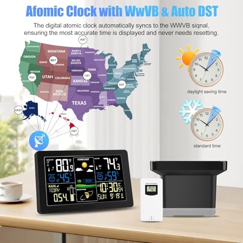 Digital Rain Gauge and Weather Station, Wireless Rain Gauge Outdoor, Home Weather Stations Wireless Indoor Outdoor with Thermometer, Barometer, Hygrometer, Atomic Clock, Weather Forecast and Alerts