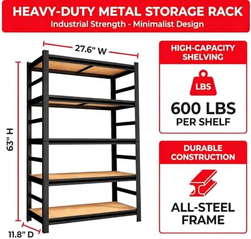 Garage Shelving, 3000 LBS Heavy Duty Metal Storage Shelves with Anti-Fall Rails, 5-Tier Adjustable Wooden Storage Rack for Garage, Warehouse, Basement, 27.6" Wx 11.8" Dx 63.0" H