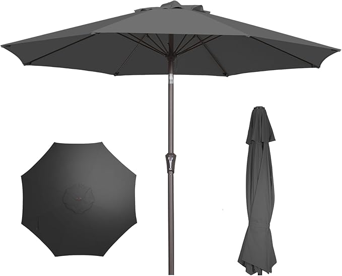 PatioKingdom 9FT Patio Outdoor Umbrella-UPF 50+ Sun Shade with Wind Vent, Push-Button Tilt & Smooth Crank Lift, Rust-Resistant Fiberglass Frame for Garden, Backyard,Yard (Gray, 9FT)