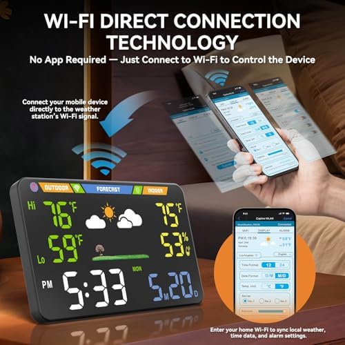 WiFi Weather Station, 8.5 Inch LED Display Indoor Outdoor Wireless Smart Weather Station with Atomic Clock, Temperature Humidity Monitor, No App Required, Browser-Based, Dual Power for Home/Office