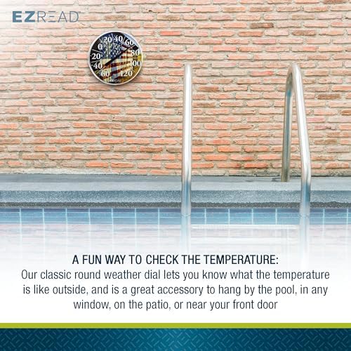 EZREAD Hanging Dial Thermometer 840-1232 Weather Thermometers for Indoor and Outdoor Use, Large 12.5 Inch Diameter, Easy to Read Numbers, American Flag on Barn