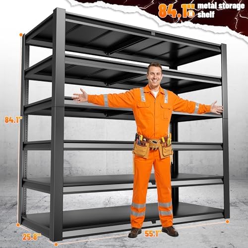 REIBII 84.1" H Garage Shelving, 3500LBS Storage Shelves Heavy Duty, Adjustable 6-Tier Metal Shelving for Commercial, Warehouse, Basement, Garage,Shop, 55.1" W x 25.8" D x 84.1" H