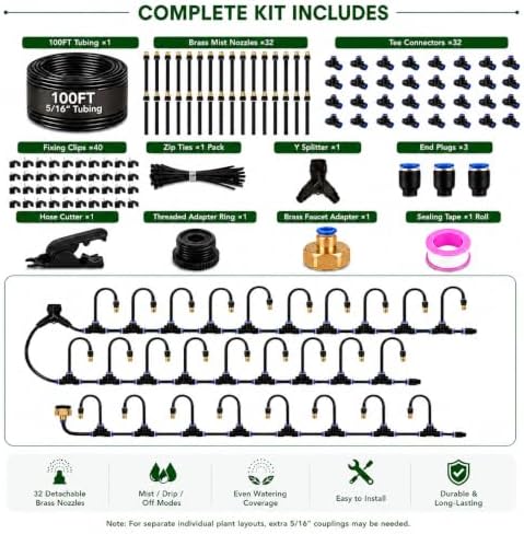 100FT 5/16" Garden Watering Kit with 32 Brass Nozzles & Y Splitter