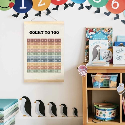 TLESKE Boho Classroom 1-100 Number Hundreds Chart Poster Hanger Frame, Homeschool Hanging Wall Art Decor for Toddlers Kids Room Nursery Playroom, Preschool Prek Learning Educational Poster, 16x24