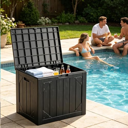 Outdoor Storage Box,30 Gallon Deck Box Outdoor Storage Bench Outside Waterproof Resin Storage Bench, Lockable Patio Cushions, Garden Tools Storage For Furniture, UV Resistant Black