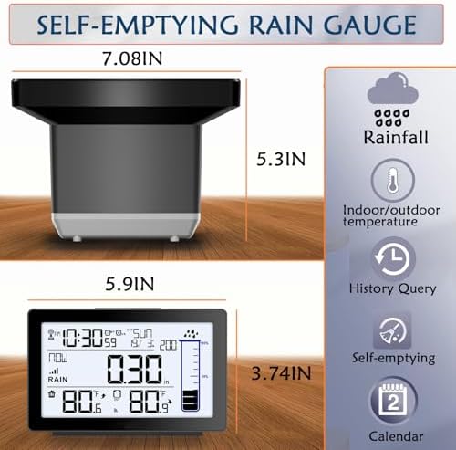 Wireless Rain Gauge Outdoor, Self-Emptying Digital Rain Gauges Outdoors Best Rated, Electronic Rain Measure Gauge for Yard, Freeze Proof Rain Gauge with Thermometer, Remote Rain Meter for Garden