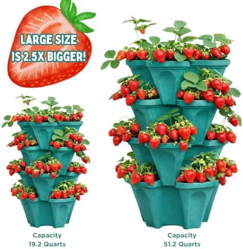 Large Vertical Planter Tower, 4 Tier Stackable Garden Planter, 16 Plant Sites, Heavy Duty Strawberry Planter, Vertical Growing System with Center Hole, Made in USA (Mineral Teal, Large)