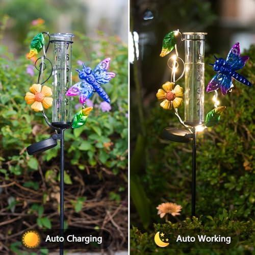 Solar Rain Gauge Outdoor, Dragonfly Rain Gauges for Yard