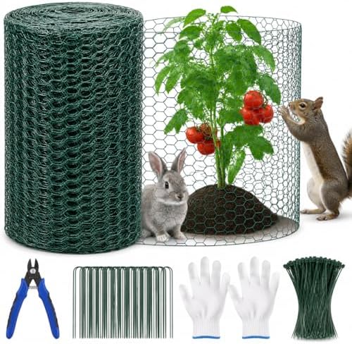 Plant Protectors from Animals, 0.85mm Free-Cut Green Chicken Wire Mesh, PVC Coated Tree Trunk Guard & Garden Fence for Outdoor Plants with Zip Ties, Stakes, Pliers, Gloves (49.2Ft*16In(16x 590 Inch))