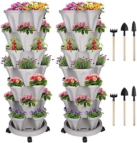 GameXcel Vertical Planter Tower - 7 Tier Stackable Garden Planters with Wheels and Tools Plant Pots for Strawberry Herb Flower and Vegetable Indoor Outdoor Use Gray 2 Pack
