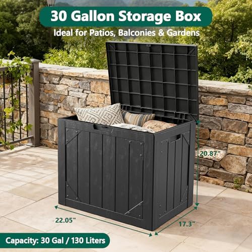 Outdoor Storage Box,30 Gallon Deck Box Outdoor Storage Bench Outside Waterproof Resin Storage Bench, Lockable Patio Cushions, Garden Tools Storage For Furniture, UV Resistant Black