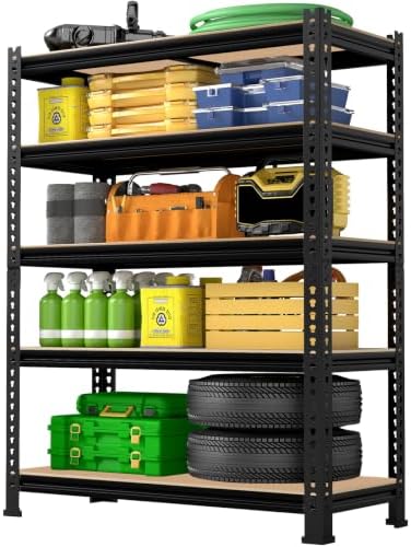 5-Tier Metal Storage Shelves: Heavy Duty Garage Shelving Adjustable Shelves for Storage - Black Utility Rack Shelf for Pantry, Warehouse, Closet, Office, Kitchen, 28" W x 12" D x 59" H