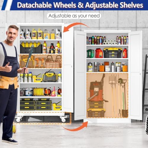 GAIOUS 73.6” Tall Metal Garage Storage Cabinet with Lock, Steel Tool Cabinet with 5 Adjustable Shelves, New Upgrade Lockable File Cabinet with Wheels, Organization for Home Office Garage Gym - White