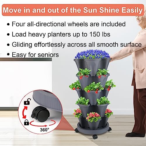 DUNCHATY Stackable Planter, Vertical Garden Planter with Wheels and Garden Tools, Strawberry Planter Indoor/Outdoor 5 Tier Herb Planter Pots for Growing Vegetables and Succulents,Dark Gray