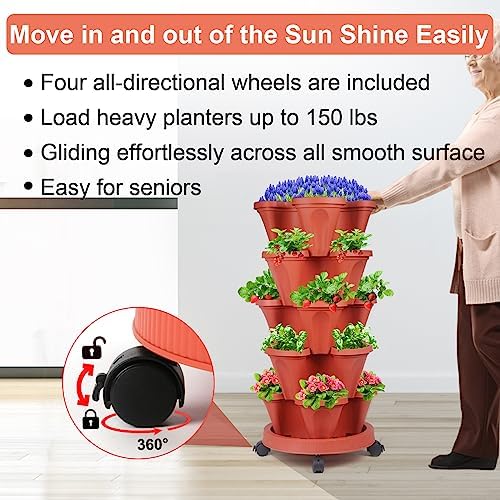 DUNCHATY Stackable Planters 5 Tier Vertical Garden Planting Tower Planters Strawberry, Herb, Flower, and Vegetable Planter Indoor Outdoor Gardening Pots with Removable Wheels and Tools