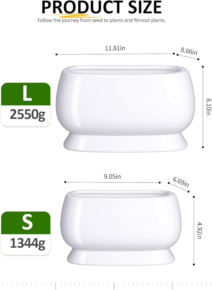 OXART Ceramic Plant pots Indoor Pots Set with Drainage Holes, 12+9 inch Flower Pot Rectangle Planters Pots for Plants for Plants Lilies, Cacti, Succulents, and Pothos, No Trays (White-3)