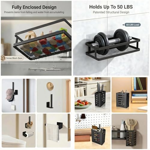PUSDON 5-in-1 Shower Caddy & Kitchen Organizer Set, Wall Mount Wide Spice Rack with Paper Towel Holder, Utensil Holder, Soap Dish, Rustproof Mesh Baskets Hold 50LBS - Matte Black, Guardrail