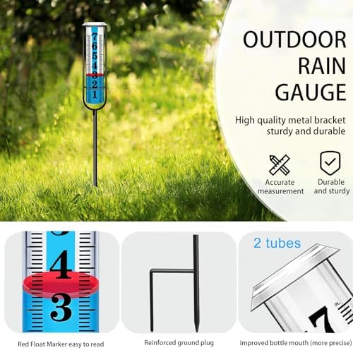 Rain Gauge Outdoor, Freeze Proof Rain Gauges Outdoors Best Rated, 7" Capacity Large Clear Font and Scale Rain Guage with Long Stake for Yard Garden, Rain Water Meter with Two Plastic Replacement Tube