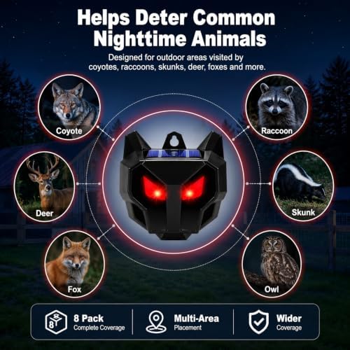 Solar Nocturnal Animal Repeller Outdoor with Predator Eyes Auto Activate Predator Deterrent Guard Lights for Coyote Skunk Deer Fox Raccoon,Nighttime Protection for Chicken Coop Yard Garden, 8 Pack