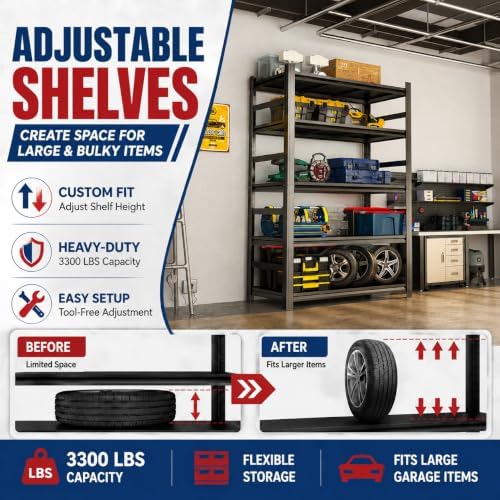 Garage Shelving, 3300 LBS Storage Shelves with Side Guard