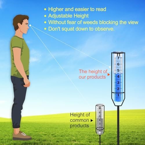 Rain Gauge Upgraded, 7" Freeze Proof Thickened Rain Gauge Outdoor Best Rated, Large Clear Numbers and Adjustable Height Rain Measuring Tool for Garden, Yard, Lawn, Patio, and Farm Use
