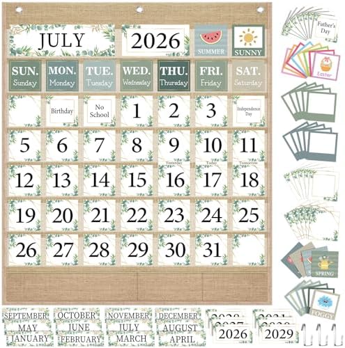Sinload Classroom Calendar Pocket Chart Wooden, Greenery