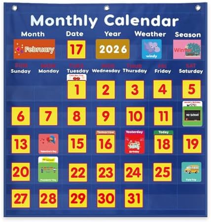 Daily Morning Board Monthly Calendar Pocket Chart Classroom,Monthly & Weather Pocket Chart,Monthly Calendar Pocket Chart with Cards for Classroom Supplies (Blue)