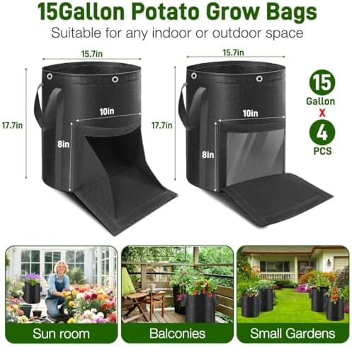 4 Pack Potato Grow Bags 15 Gallon with Harvest & Visible Window Thickened Garden Bags to Grow Vegetables with Handles & Metal Grommets for LST, Fabric Pots for Growing Carrots, Tomatoes, Onions