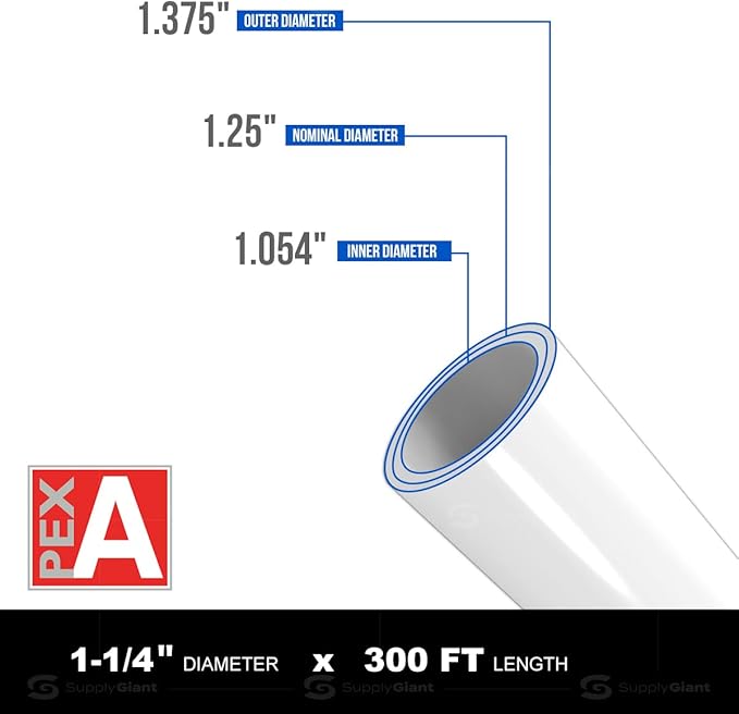 Pex-A Tubing 1-1/4 Inch x 300 Ft Coil, Non-Barrier Pipe for Potable Water, 1-1/2" Flexible Water Tubing for Plumbing, White