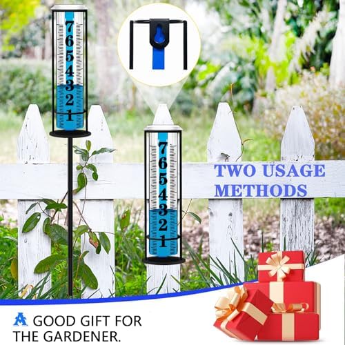 Rain Gauge Outdoor,Accurate Rain Gauges Outdoors Best Rated,Upgraded Freeze Proof Rain Measure Gauge for Yard Fence,Rain Meter with Stake,Large Font Water Gauge for Rain,Adjustable Height,Easy to Read