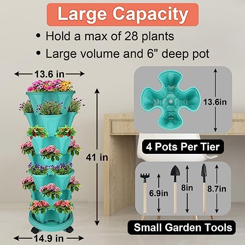 DUNCHATY Stackable Planter, Vertical Garden Planter with Wheels and Tools, Self Watering Strawberry Planter Indoor/Outdoor 7 Tier Herb Planter Pots for Growing Vegetables and Succulents, Teal