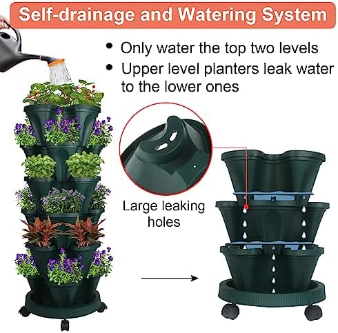GameXcel Vertical Planter Tower - 6 Tier Stackable Garden Planters with Wheels and Tools Plant Pots for Strawberry Herb Flower and Vegetable Indoor Outdoor Use Green 2 Pack