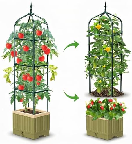 Raised Garden Bed Planter Box with Trellis, 71" Self-Watering Tomato Planter with Trellis for Climbing Vegetable and Plants, Tomato Cage Planters for Indoor Outdoor Patio Greenhouse Gardening (1Pack)
