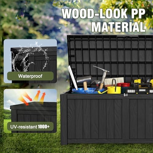 150 Gallon Lockable Resin Outdoor Storage Box, Waterproof & Weather Resistant Deck Box for Patio Cushion, Garden Tools & Pool Accessories, Black