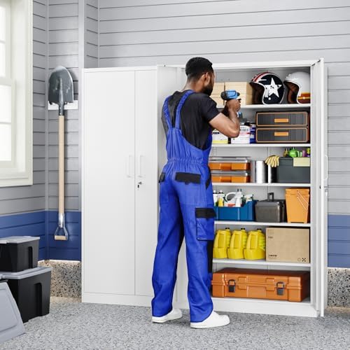 Yizosh Metal Garage Storage Cabinet with 2 Doors and 5 Adjustable Shelves - 71" Steel Lockable File Cabinet,Locking Tool Cabinets for Office,Home,Garage,Gym,School (White)